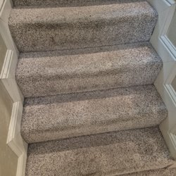 Living Pines Condominium - Stained sticky carpet. At the base of the stairs is where toilet overflows out of bathroom and onto carpet.