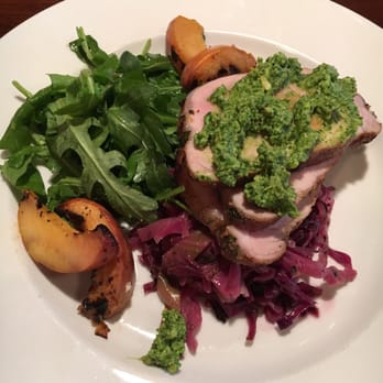 Spuds Waterfront Grill - Pork loin with pesto over cabbage with peaches! Wonderful special! - American Near Me - Sandpoint, Idaho Spuds Waterfront Grill - Pork loin with pesto over cabbage with peaches! Wonderful special! - American Near Me - Sandpoint, Idaho