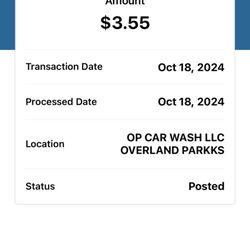 O P Carwash - Actual end charge not the ten dollars initial hold. (Cost varies based on time spent washing)