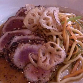 Max's Trumbull Kitchen - Furikake Crusted Yellow Fin Tuna* / lo mein stir fry, spicy garlic sauce, snow peas $27 - New American Near Me - Hartford, Connecticut