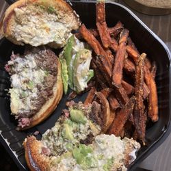 Main Street Tavern - Claremore - No bacon or blue on bacon/blue burger. Cold overcooked sweet potato fries, pretzel that came soggy and Cesar salad with Italian dressing.
