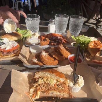 American Grub - Pulled pork sandwich, Classic Cheeseburger, Onion Rings, Sweet Potato Fries and Side Potato Salad - Burgers Near Me - Tustin, California