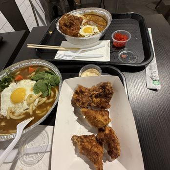 Demiya - spicy tonkastu curry rice w/ sunny side & cheese w/ side of pickles & curry udon: karaage w/ sunny side up w/ side of pickles - Japanese Curry Near Me - Fremont, California Demiya - spicy tonkastu curry rice w/ sunny side & cheese w/ side of pickles & curry udon: karaage w/ sunny side up w/ side of pickles - Japanese Curry Near Me - Fremont, California