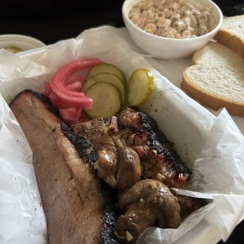 The Youngstown BBQ Company - 3 meat combo. Double Brisket and pork belly with a side of their Mac Salad, bread, and pickled onions and cucumbers - Barbeque Near Me - Boardman, Ohio