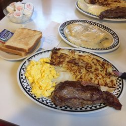 Karon's Classic Diner - Ribeye, 2 eggs, hash browns and toast $7.50. And delicious biscuits and gravy