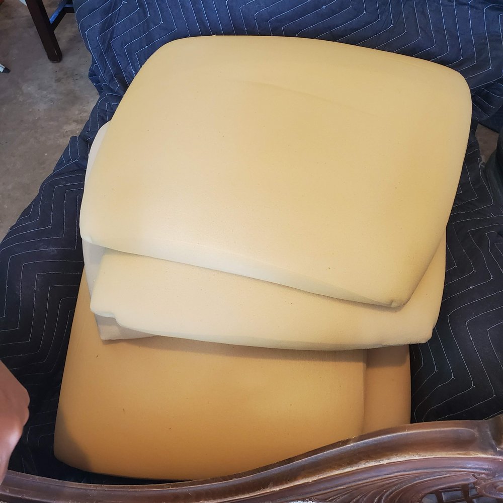 Morales Upholstery Shop - Old foam in chair cushion - Furniture Reupholstery Near Me - Fair Oaks Ranch, Texas Morales Upholstery Shop - Old foam in chair cushion - Furniture Reupholstery Near Me - Fair Oaks Ranch, Texas