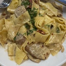 Pappardelle with spicy sausage.