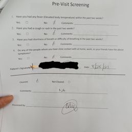 Pre-filled covid screening form - August 2021