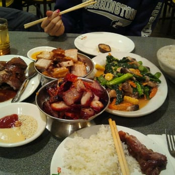 Kau Kau Barbeque - Order of BBQ Pork, Roasted Pig, 1/4 of a Duck, and Stir-fry mixed seasonal vegetables. Delicious!! - Barbeque Near Me - Seattle, Washington