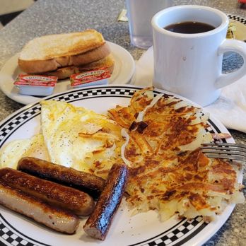 Woody's 50's Diner - Old fashioned breakfast two eggs sausage links hash browns sourdough toast and coffee - New American Near Me - Le Roy, Illinois Woody's 50's Diner - Old fashioned breakfast two eggs sausage links hash browns sourdough toast and coffee - New American Near Me - Le Roy, Illinois