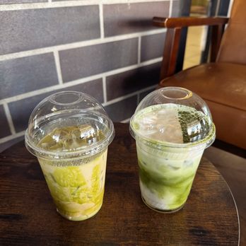 Finjan Coffee House - Iced Pistachio Latte & Iced Matcha with Vanilla - Coffee & Tea Near Me - Sacramento, California