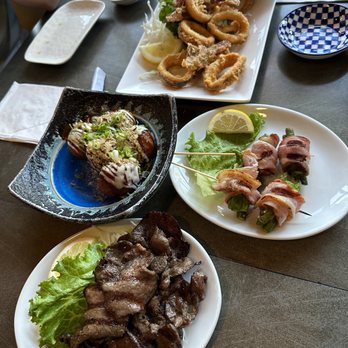 Izakaya - Beef tongue shio, takoyaki, calamari, asparagus bacon skewers - Japanese Near Me - San Jose, California Izakaya - Beef tongue shio, takoyaki, calamari, asparagus bacon skewers - Japanese Near Me - San Jose, California