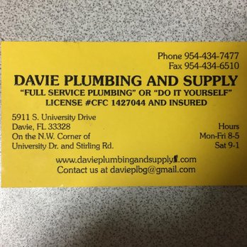 Davie Plumbing and Supply - Give us a call at (954)434-7477 Or visit our website at www.davieplumbingandsupply.com - Plumbing Near Me - Davie, Florida Davie Plumbing and Supply - Give us a call at (954)434-7477 Or visit our website at www.davieplumbingandsupply.com - Plumbing Near Me - Davie, Florida