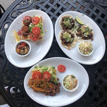 Life On Mars - Not So Crabby Po' Boy (top left), Chop Cheese (middle), and Jackfruit Tacos (top right) - American Near Me - Seattle, Washington