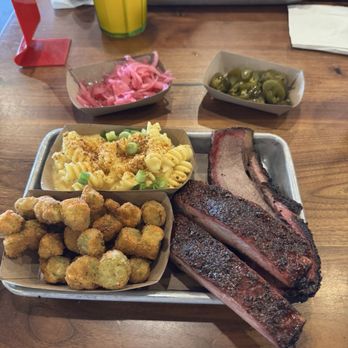 Feges BBQ - Two meat plate. Brisket and pork ribs. Fried okra and pimento cheese Mac n cheese sides. - Barbeque Near Me - Houston, Texas Feges BBQ - Two meat plate. Brisket and pork ribs. Fried okra and pimento cheese Mac n cheese sides. - Barbeque Near Me - Houston, Texas