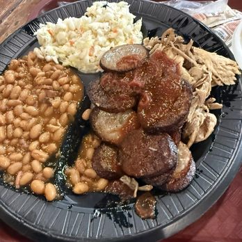 Rosedale Barbeque - 2 meat platter with pulled pork n hot honey sausage with beans n slaw - Barbeque Near Me - Kansas City, Kansas Rosedale Barbeque - 2 meat platter with pulled pork n hot honey sausage with beans n slaw - Barbeque Near Me - Kansas City, Kansas