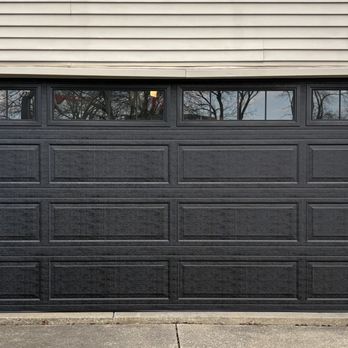 Prestige Door - New 16x7 Wayne Dalton ranch-panel door, model 8300, in black with Stockbridge long 4-lite windows. - Garage Door Services Near Me - Uniontown, Ohio Prestige Door - New 16x7 Wayne Dalton ranch-panel door, model 8300, in black with Stockbridge long 4-lite windows. - Garage Door Services Near Me - Uniontown, Ohio