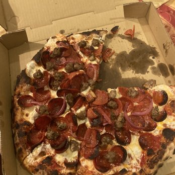 Bettina - The Bettinas meat lover pizza ordered with extra meat, cheese, and garlic. Got onions instead of garlic. - Pizza Near Me - Santa Barbara, California