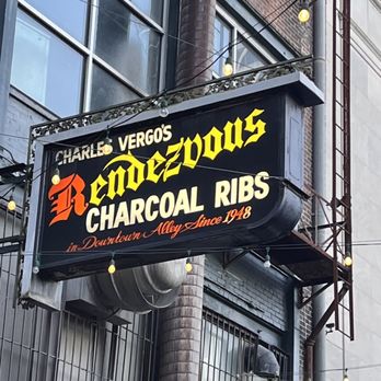Charlie Vergos' Rendezvous - Sign above the entrance which is in an Alley named Charles Vergos Rendezvous Alley, off of 2nd St. - Barbeque Near Me - Memphis, Tennessee