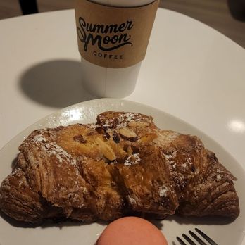 Summer Moon Coffee - Half-moon, almond croissant, and strawberry cheesecake macaroon - Coffee & Tea Near Me - Fort Worth, Texas