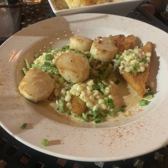 Cafe Mirage - Pan Seared Scallops over succotash, and fried gritcakes  . . . Mmm - New American Near Me - Ocean City, Maryland