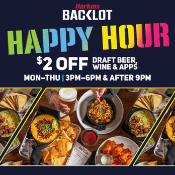 Harkins Norterra BackLot - BackLot Happy Hour $2 OFF Draft Beer, Wine & Apps MON - THU, 3PM - 6PM & AFTER 9pm - Arcades Near Me - Phoenix, Arizona Harkins Norterra BackLot - BackLot Happy Hour $2 OFF Draft Beer, Wine & Apps MON - THU, 3PM - 6PM & AFTER 9pm - Arcades Near Me - Phoenix, Arizona