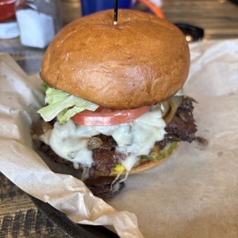 Empire Burger - Mushroom Swiss Burger with all the fixings and grilled onions. - Burgers Near Me - Breckenridge, Colorado