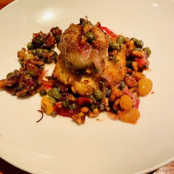 Passionfish - Sea Scallop, Caper-Raisin-Walnut Relish, Artichoke Risotto Cake - Seafood Near Me - Pacific Grove, California Passionfish - Sea Scallop, Caper-Raisin-Walnut Relish, Artichoke Risotto Cake - Seafood Near Me - Pacific Grove, California