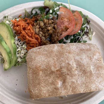 Peace Café - Sandwich Combo-BBQ Tempeh, coleslaw & aioli w/salad-clover sprouts, cucumbers, bean sprouts, yuzu carrots & house dressing, 11.14.2022. - Vegan Near Me - Honolulu, Hawaii