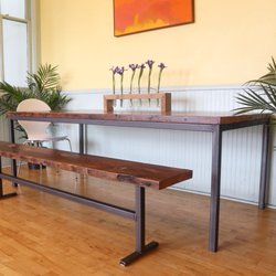 Vault Furniture - Custom dining table and bench. Made from reclaimed pine and steel Dimensions: 8ft L x 3 ft W
