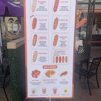 Two Hands Corn Dogs - Exterior Menu Signage - Fast Food Near Me - Tustin, California Two Hands Corn Dogs - Exterior Menu Signage - Fast Food Near Me - Tustin, California