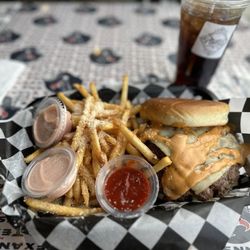 Matty G's Steakburgers - Mesa Location - The intimidator.  Two Steakburger Patties, Grilled Jalapenos, Ghost Pepper & Pepper Jack Cheese, House Spicy Ketchup & Chipotle Aioli.