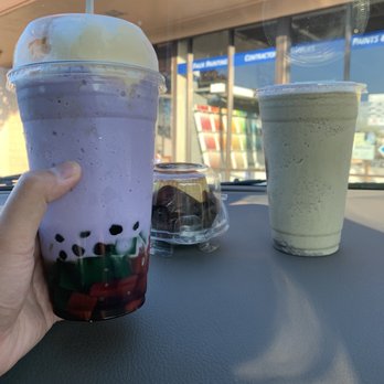 Cafe 86 - Left to right: upside down halo halo, ube flan cupcake, matcha monster milkshake WITHOUT boba (though requested it). - Desserts Near Me - San Diego, California