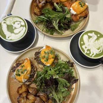 Alchemy - Salmon Benny and duck Benny, matcha latte - Breakfast & Brunch Near Me - Richmond Hill, Ontario