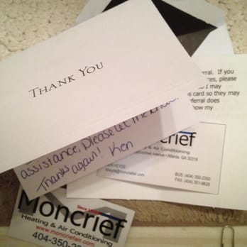 Moncrief Heating & Air Conditioning - Our handwritten thank you! - Heating & Air Conditioning/HVAC Near Me - Atlanta, Georgia