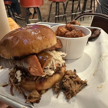 Barlando - Sammich with linguica sausage and pulled pork. - Barbeque Near Me - San Diego, California Barlando - Sammich with linguica sausage and pulled pork. - Barbeque Near Me - San Diego, California