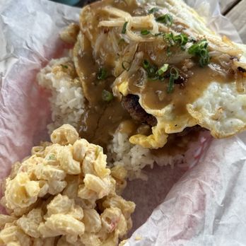 Ula Ula Cafe - Loco Moco (rice, beef patty with eggs on top and macaroni salad) - Food Trucks Near Me - Wailuku, Hawaii Ula Ula Cafe - Loco Moco (rice, beef patty with eggs on top and macaroni salad) - Food Trucks Near Me - Wailuku, Hawaii