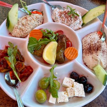 Urfa Bistro - Cold Appetizer Sampler: eggplant dip, tzatziki, hummus, olives, feta, kizartma, dolmas - Mediterranean Near Me - Los Altos, California Urfa Bistro - Cold Appetizer Sampler: eggplant dip, tzatziki, hummus, olives, feta, kizartma, dolmas - Mediterranean Near Me - Los Altos, California