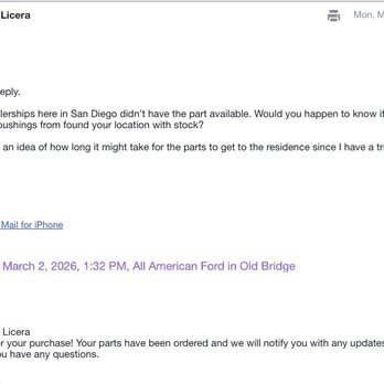 All American Ford - Follow-up email sent on Monday after the parts were ordered. - Auto Repair Near Me - Old Bridge, New Jersey