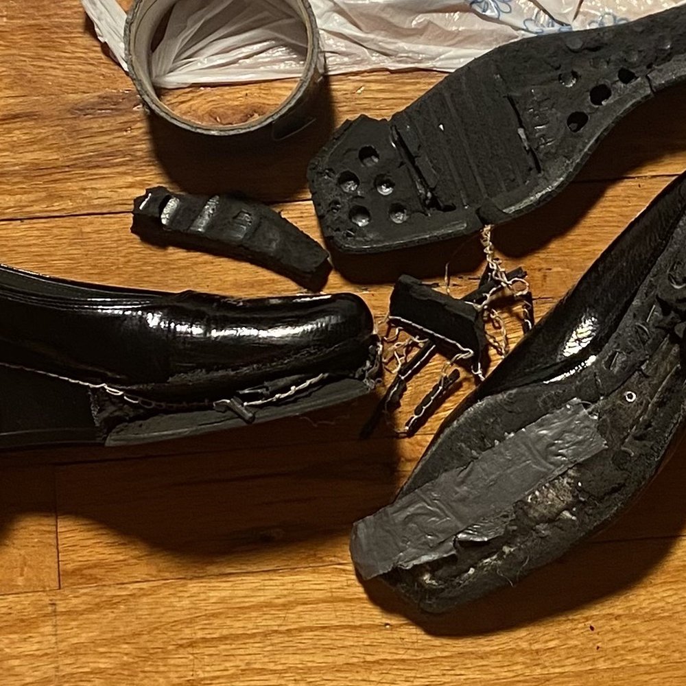 Shoes by the end of the day. Duct tape provided by a bartender trying to save what was left of the shoes. Shoes by the end of the day. Duct tape provided by a bartender trying to save what was left of the shoes.