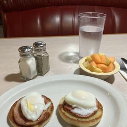 Peachtree Restaurant & Pie House - Two poached on English muffin,ham and fruit