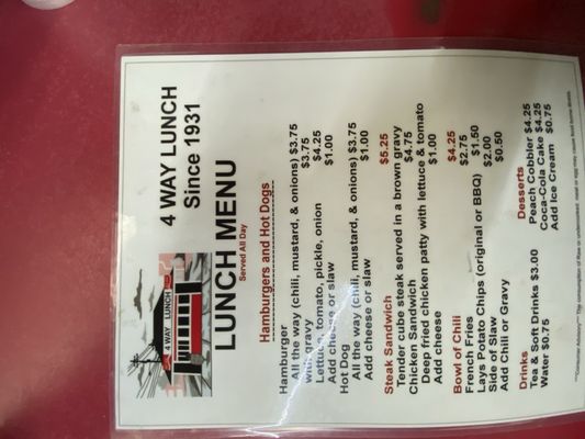 Menu photo 1 4 Way Lunch Cartersville, GA