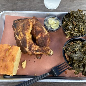 Blue Pit BBQ and Whiskey Bar - One meat plate with chicken and two sides of greens - Bars Near Me - Baltimore, Maryland Blue Pit BBQ and Whiskey Bar - One meat plate with chicken and two sides of greens - Bars Near Me - Baltimore, Maryland