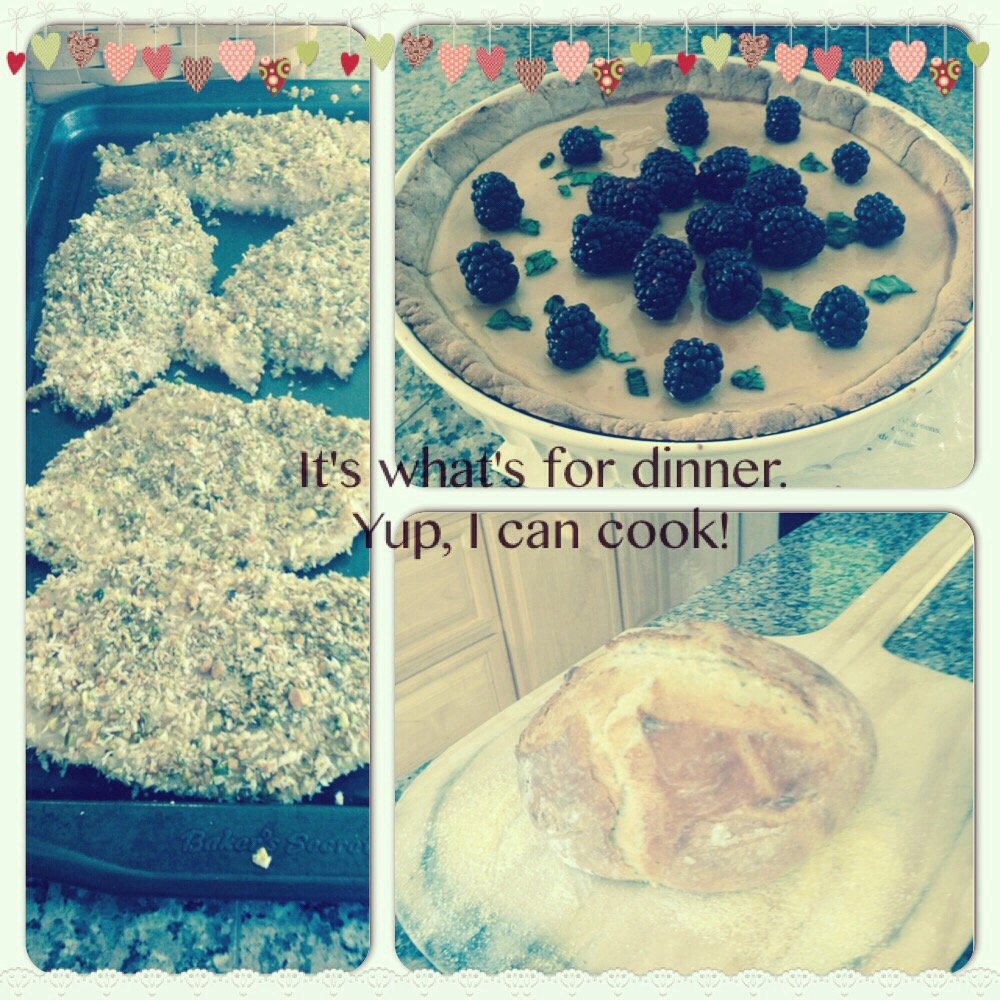 Pistachio crusted chicken, Goat cheese blackberry honey tarte, and Artisan bread