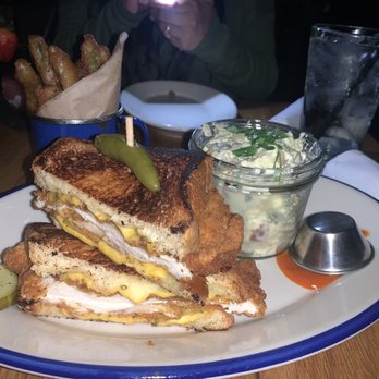 The Rustic - Nashville Hot Chicken & Cheese  Homemade spicy ketchup and potato salad - New American Near Me - Dallas, Texas