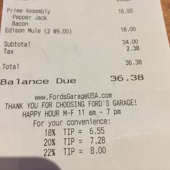 Ford's Garage Wesley Chapel - To unsuspecting diners, the suggested tip should not include the tax. Why would you want to tip on the taxation - Burgers Near Me - Lutz, Florida Ford's Garage Wesley Chapel - To unsuspecting diners, the suggested tip should not include the tax. Why would you want to tip on the taxation - Burgers Near Me - Lutz, Florida
