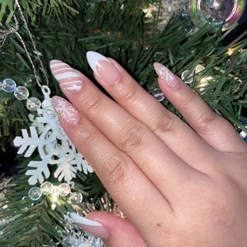 Glo Nails - Nude Holiday Snowflake acrylic nails. - Nail Salons Near Me - Houston, Texas Glo Nails - Nude Holiday Snowflake acrylic nails. - Nail Salons Near Me - Houston, Texas