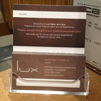 Lux Aveda Salon/Spa - Their business card - Hair Salons Near Me - Fullerton, California Lux Aveda Salon/Spa - Their business card - Hair Salons Near Me - Fullerton, California