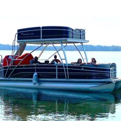 Runamuk Rides - Our 2 story specialty class pontoon with water slide, towing package on Lake Namekagon near Cable, WI