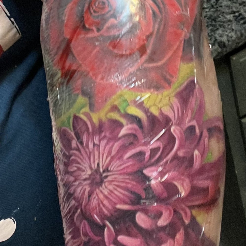 Black Atlas Studios - Final product (purple chrysanthemum) with wrap - Tattoo Near Me - Chicago, Illinois Black Atlas Studios - Final product (purple chrysanthemum) with wrap - Tattoo Near Me - Chicago, Illinois